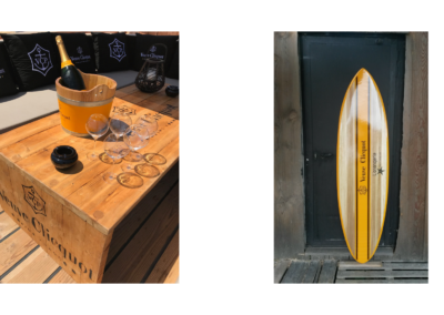 table basse personnalisée et planche de surf veuve clicquot